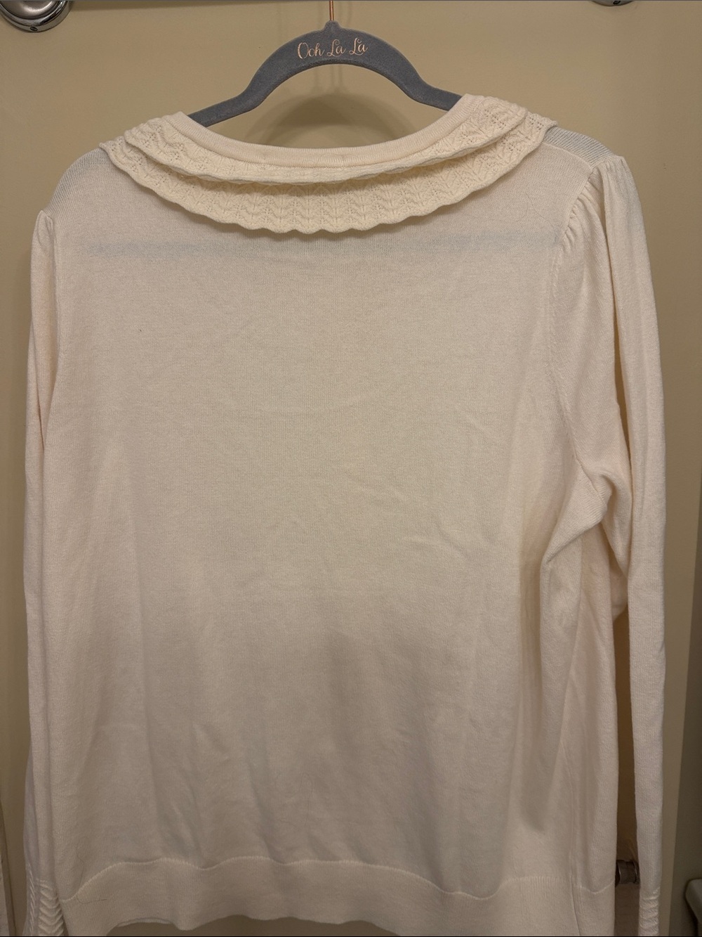 Boden Cream Cardigan with Navy Buttons and Ruffle Collar Trim - Picture 4 of 4